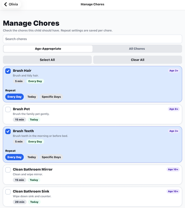 Manage Child Chores